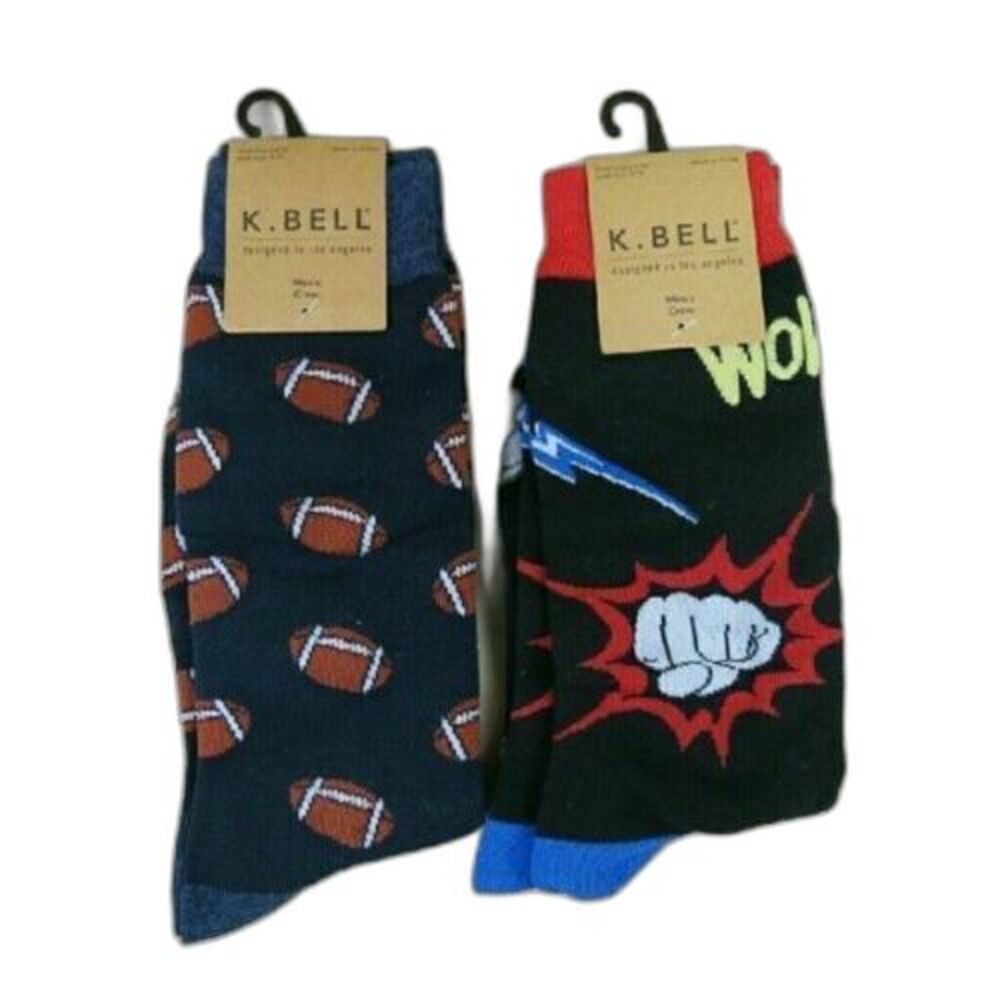 K. Bell Men's Fashion Socks 2 Pair Funky Fun Football Punch Fist